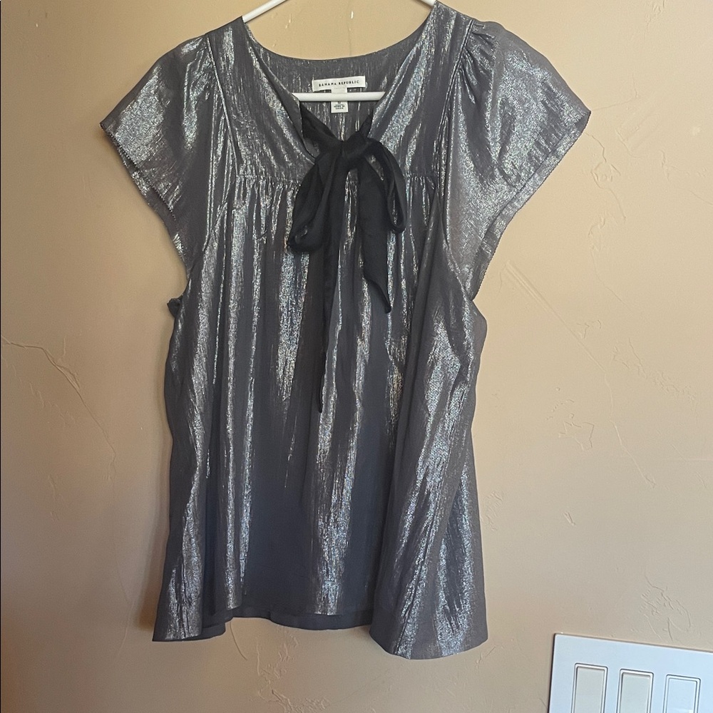 Metallic Gunmetal Tie-Neck Women's Top. PTP20”, L21”